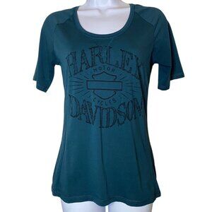 HARLEY DAVIDSON Womens Tshirt Small Teal Logo Scoop Neck Florida Lightweightg